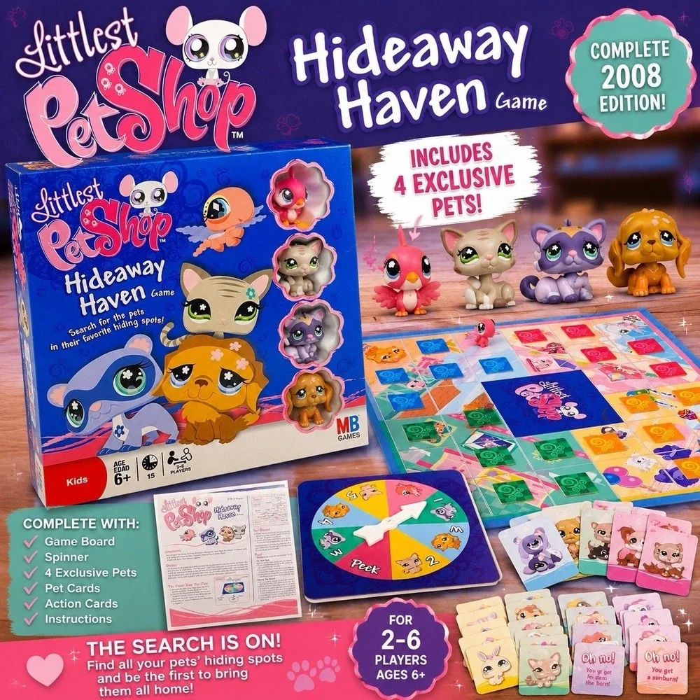 Littlest Pet Shop Hideaway Haven Board Game COMPLETE 2008 Hasbro MB w/4 Excl.